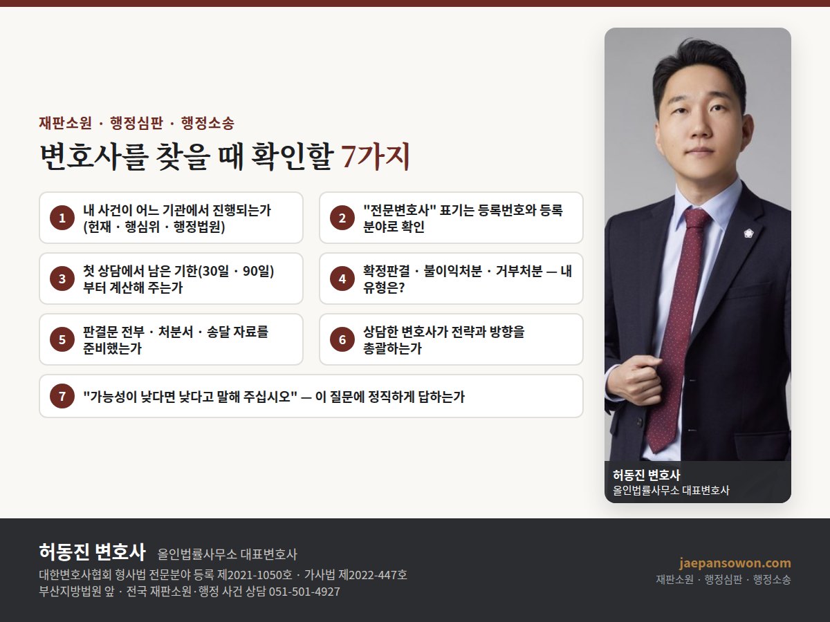 재판소원·행정심판·행정소송 변호사를 찾을 때 확인할 7가지 체크리스트 — 관할 기관, 등록번호 확인, 기한 계산, 사건 유형, 준비 자료, 총괄 여부, 정직한 답변. 올인법률사무소 허동진 변호사