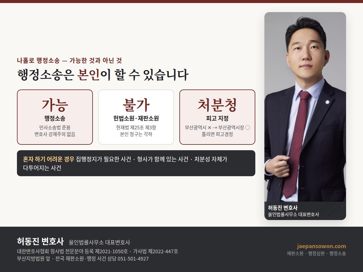 나홀로 행정소송 안내 도해 — 본인소송 가능, 피고는 처분청, 전자소송 제출, 인지와 송달료, 집행정지 별도 신청, 재판소원은 변호사 강제. 올인법률사무소 허동진 변호사